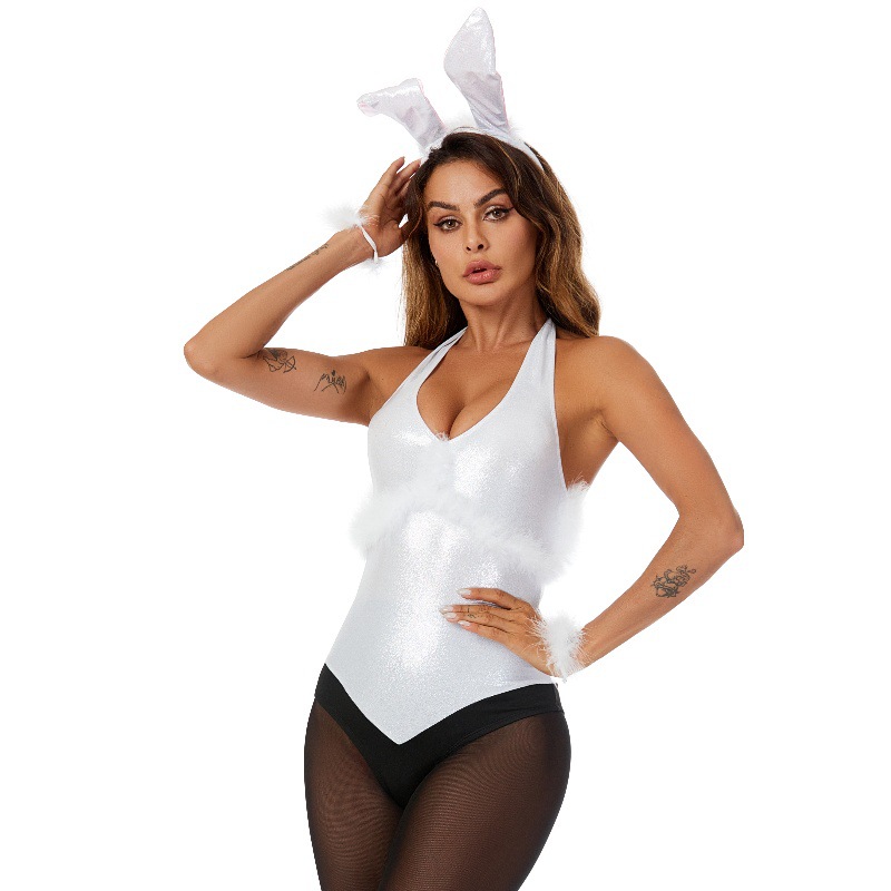 Womens Bunny Costume Bodysuit Halloween Sexy Halter Roleplay Rabbit Outfit